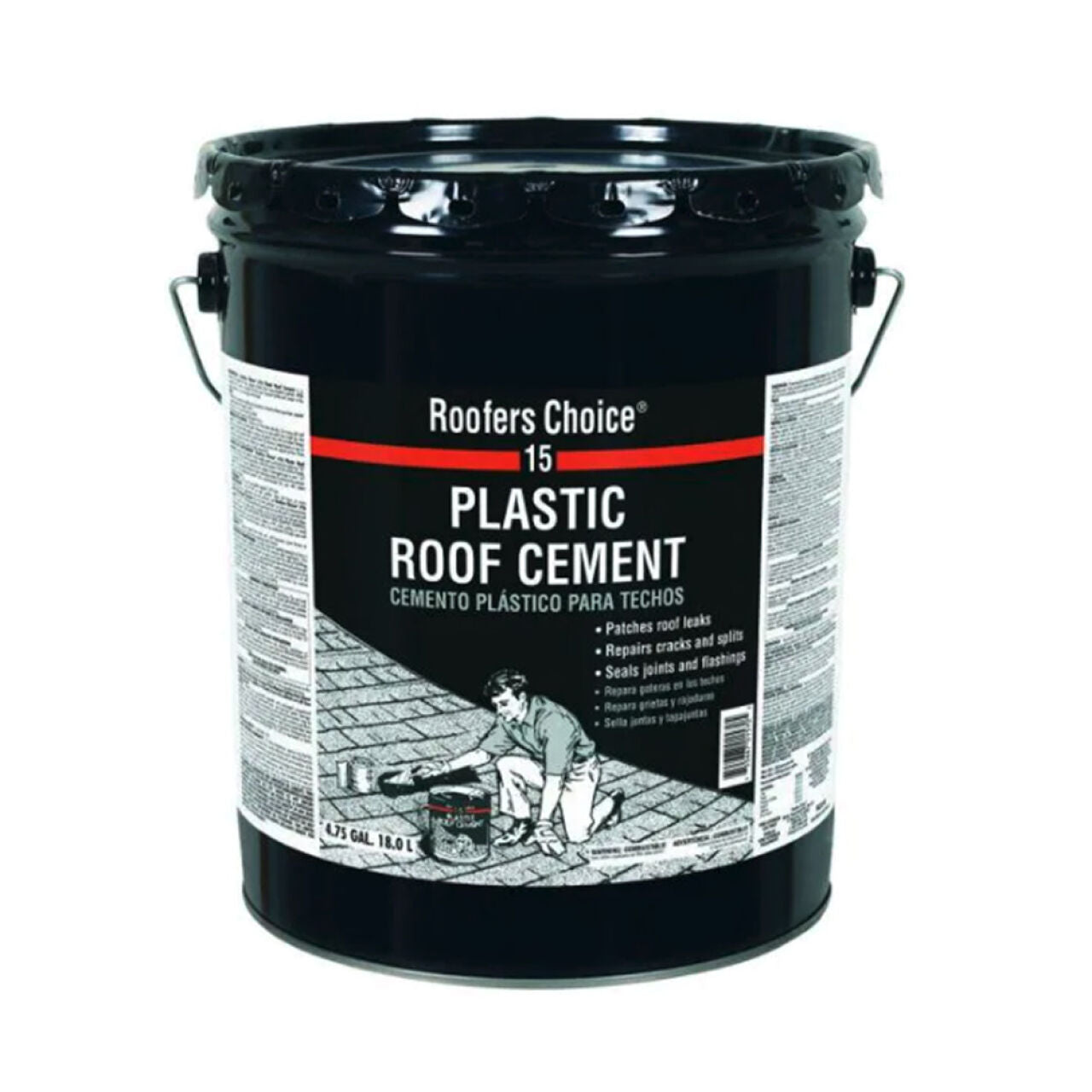 A black 4.75-gallon bucket of Go Build, The Fastest Way To Build Plastic Cement roofing sealant features a label with an illustration of roof repair and product details in English and Spanish.